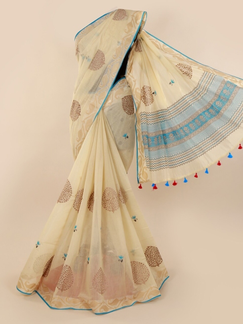 

Pothys Cream-Coloured Embroidered Pure Cotton Saree