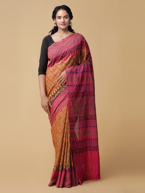 

Unnati Silks Brown & Pink Pure Cotton Printed Chanderi Saree