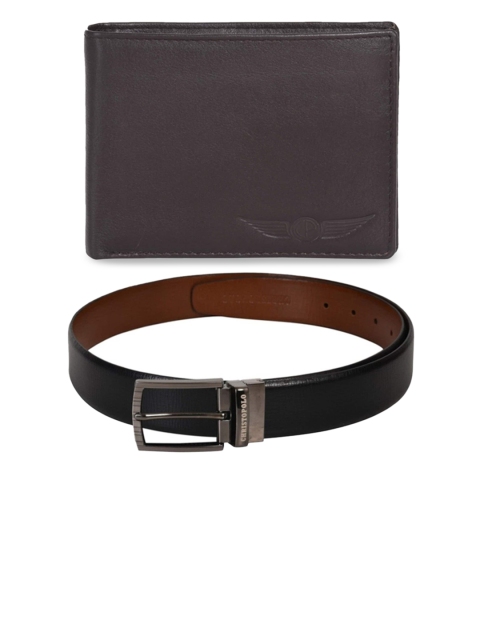 

CHRISTOPOLO Men Black & Brown Leather Wallet & Reversible Belt Combo