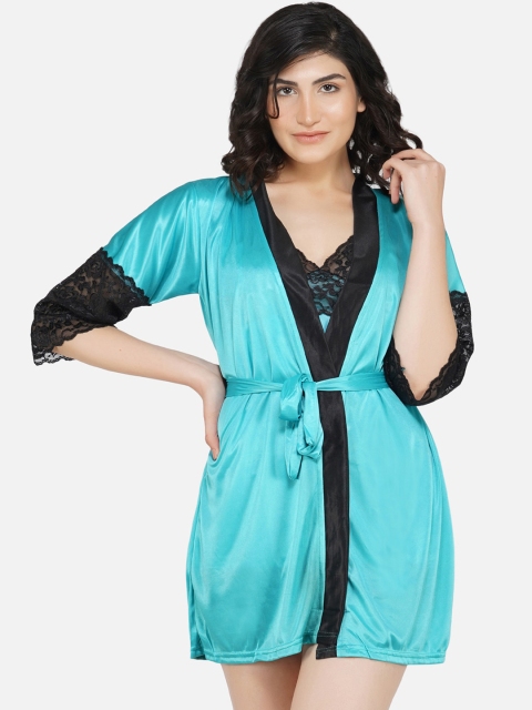 

PHWOAR Turquoise Blue & Black Solid Nightdress With Robe
