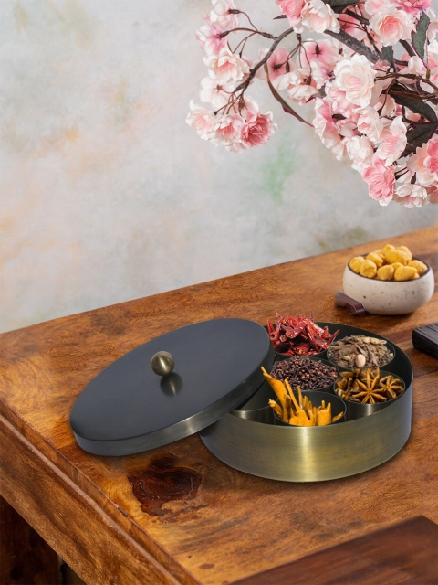 

nestroots Black Brass Round Masala Box with 6 Jars