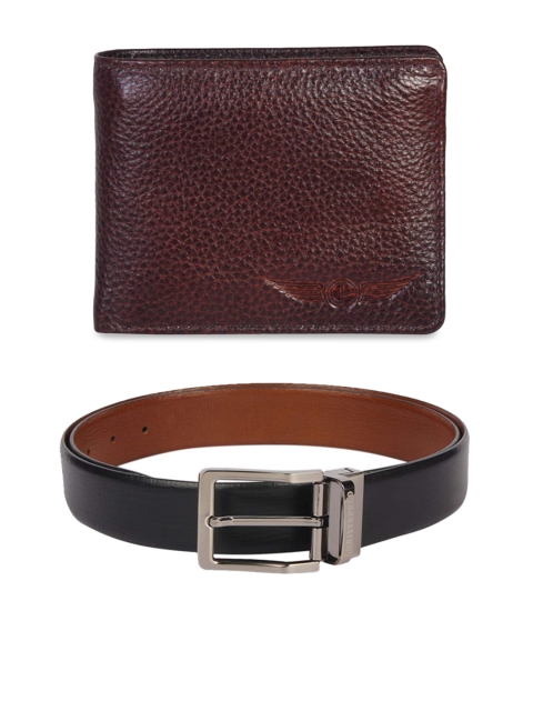 

CHRISTOPOLO Men Black & Brown Textured Leather Belt & Wallet