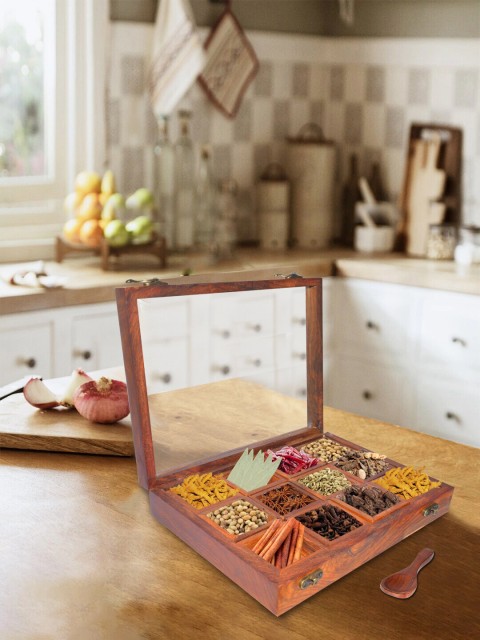 

nestroots Brown Sheesham Wood Square Masala Box With Lid