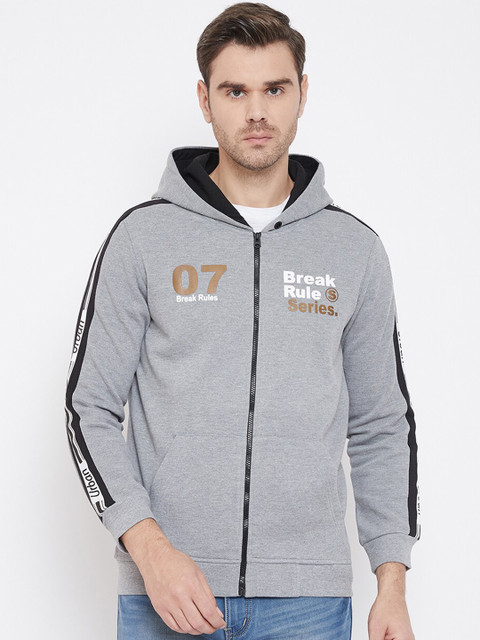 

QUBIC Men Grey Printed Hooded Sweatshirt