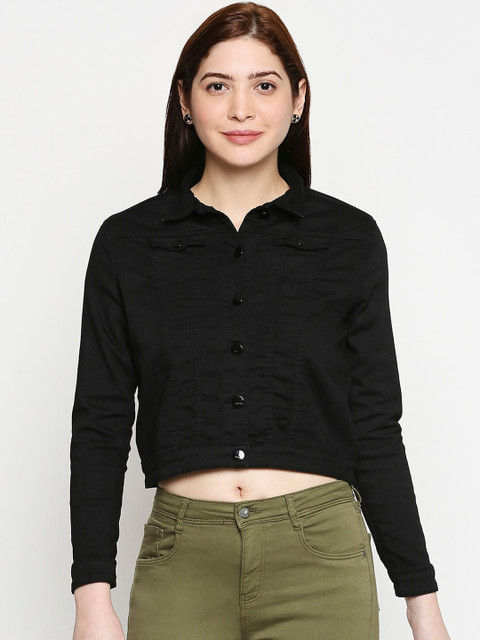 

Kraus Jeans Women Black Solid Crop Denim Jacket
