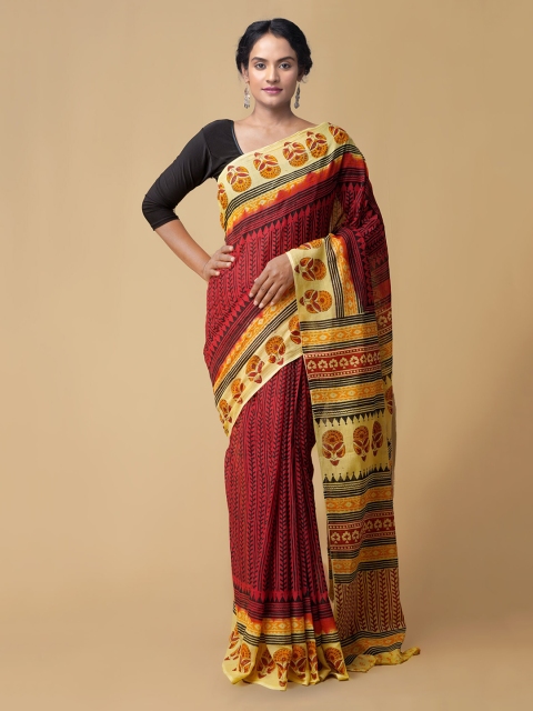 

Unnati Silks Women Red Pure Hand Block Printed Mulmul Cotton Sustainable Saree