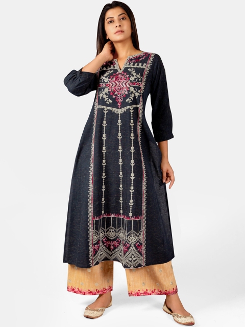 

Mesmora Women Navy Blue & Beige Embroidered Khadi Kurta with Palazzos
