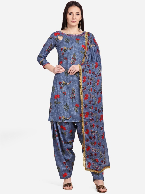 

SHAVYA Navy Blue & Red Cotton Blend Unstitched Dress Material