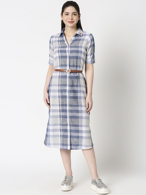 

TERQUOIS Women Blue Checked Shirt Dress