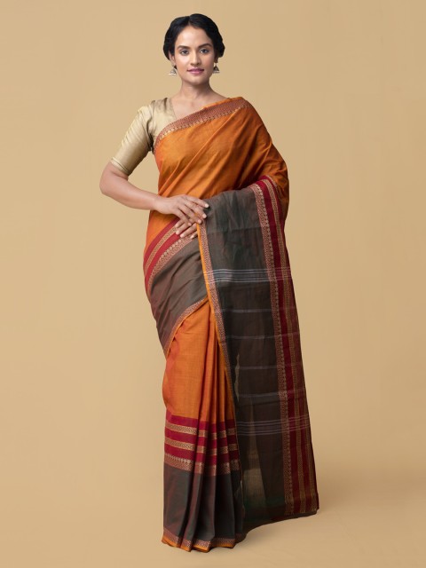 

Unnati Silks Mustard & Black Pure Cotton Colourblocked Kanjeevaram Saree