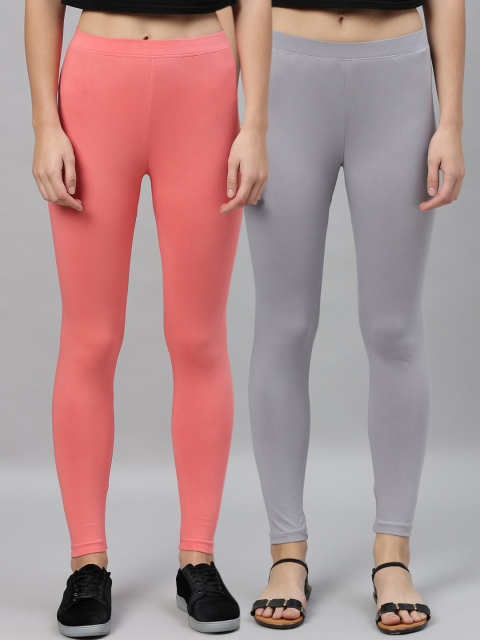 

Kryptic Women Pack Of 2 Coral Pink & Grey Solid Ankle-Length Leggings