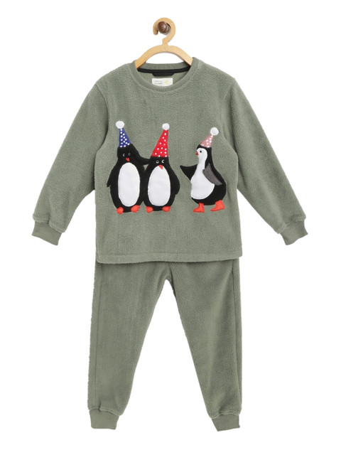 

Cherry Crumble Unisex Kids Olive Green Self Design Penguin Applique Winter Nightsuit
