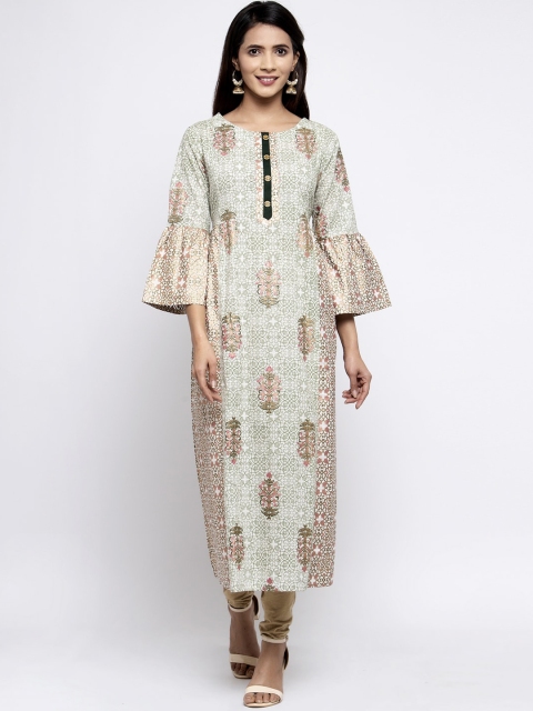 

Kiaasa Women Green & Pink Printed Straight Pure Cotton Kurta