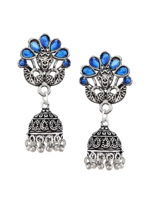 

Silvermerc Designs Silver-Toned & Blue Contemporary Jhumkas