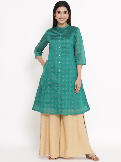 

Juniper Women Green & Gold-Toned Woven Design A-Line Kurta
