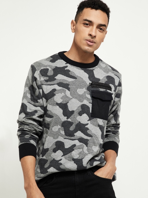 

max Men Grey Camouflage Printed Round Neck Pure Cotton T-shirt