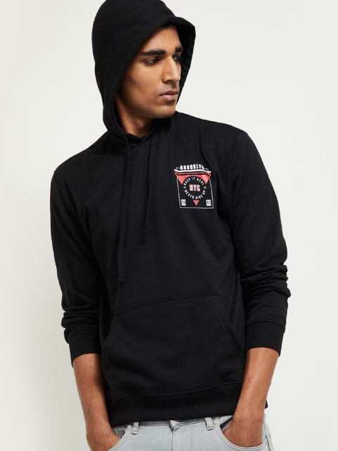 max Men Black Printed Hooded Sweatshirt