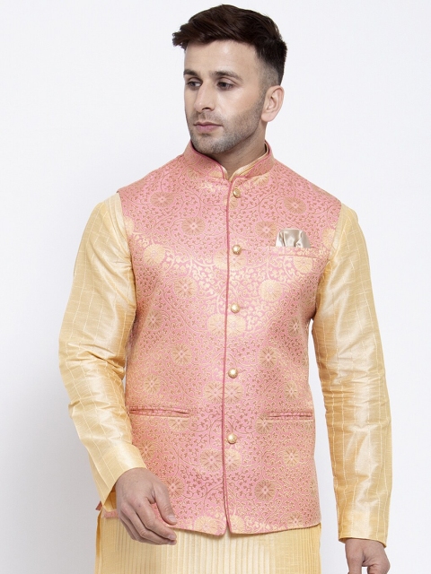 

Badoliya & Sons Men Pink & Gold-Coloured Woven Design Nehru Jacket