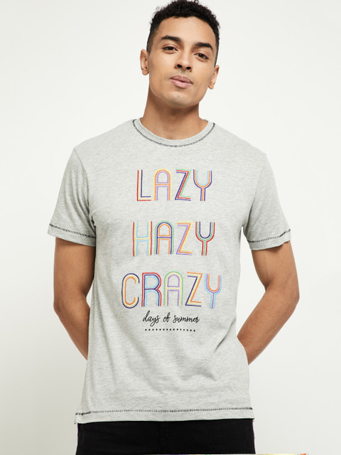 

max Men Grey Printed Round Neck T-shirt