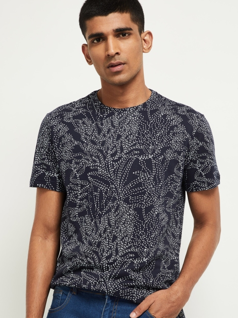 

max Men Navy Blue Printed Round Neck T-shirt