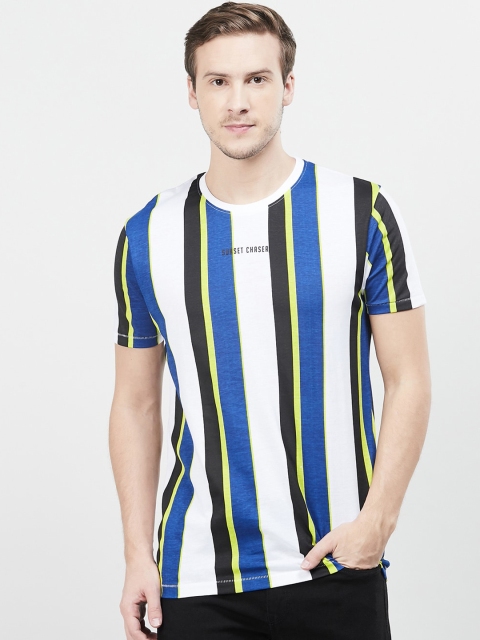 

max Men White Striped Round Neck Pure Cotton T-shirt