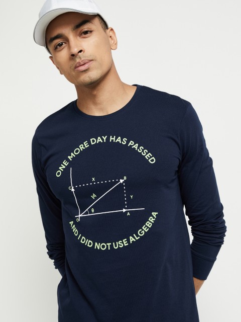 

max Men Navy Blue Printed Round Neck T-shirt