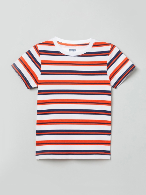 

max Boys White Striped Round Neck Cotton T-shirt
