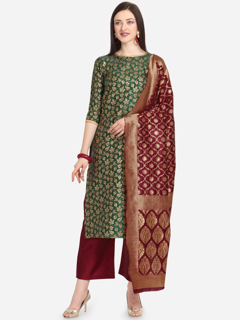 

DIVASTRI Green & Maroon Poly Silk Unstitched Dress Material