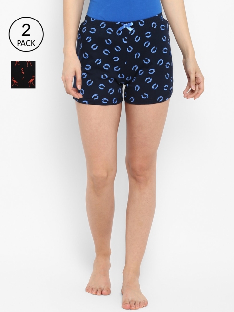 

Curare Women Pack of 2 Black & Navy Blue Printed Cotton Lounge Shorts
