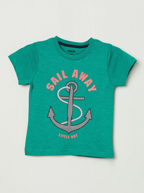 

max Boys Green Printed Round Neck Cotton T-shirt