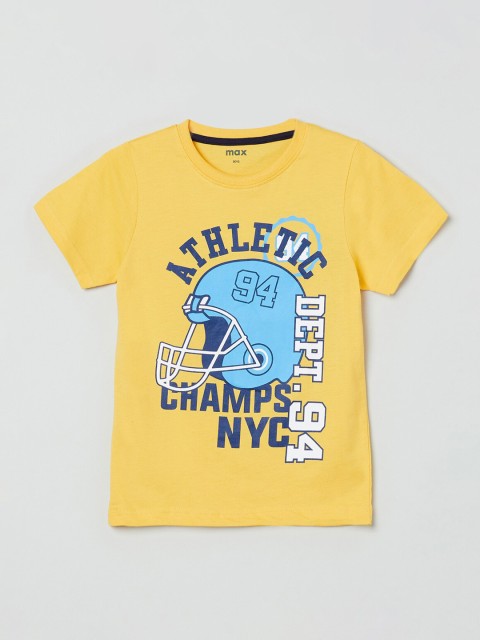 

max Boys Yellow Printed Round Neck Cotton T-shirt