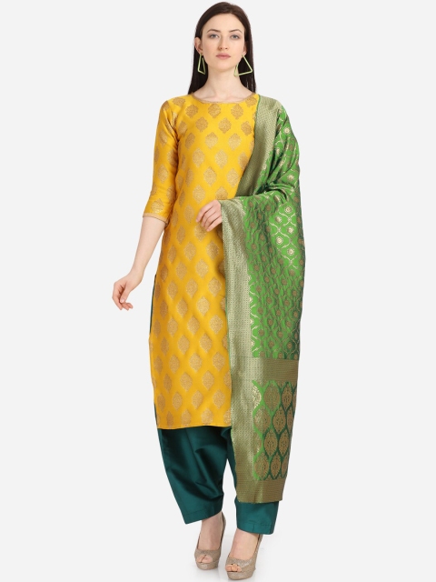 

DIVASTRI Mustard & Green Poly Silk Unstitched Dress Material