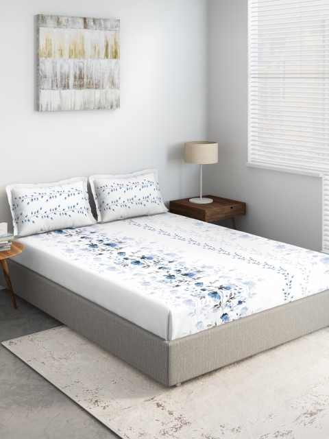 

DDecor White & Blue Floral 144 TC Cotton 1 Extra Large Bedsheet with 2 Pillow Covers