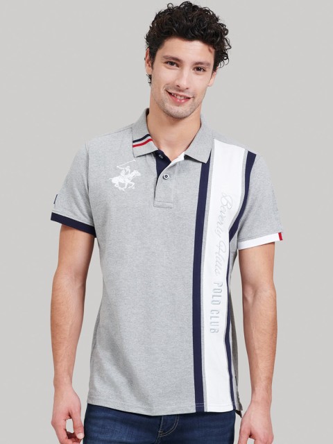 

Beverly Hills Polo Club Men Grey Colourblocked Polo Collar T-shirt