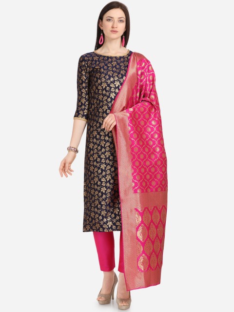 

DIVASTRI Navy Blue & Pink Poly Silk Unstitched Dress Material