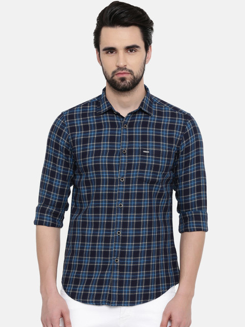 

IMYOUNG Men Navy Blue Slim Fit Checked Cotton Casual Shirt