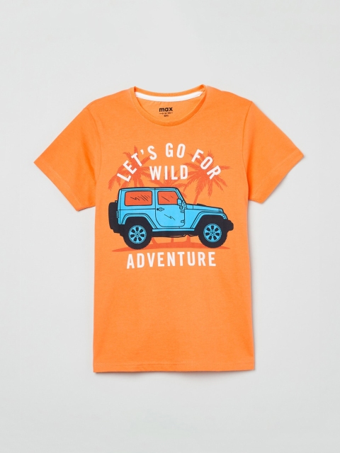 

max Boys Orange Printed Round Neck Cotton T-shirt
