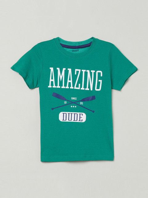 

max Boys Green Printed Round Neck Cotton T-shirt