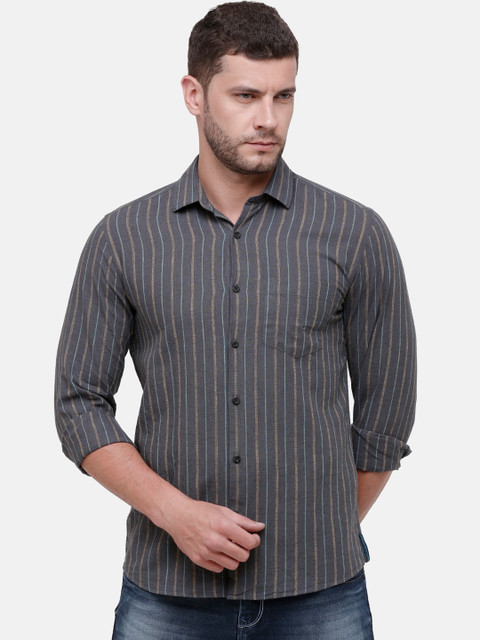 

CAVALLO by Linen Club Men Cotton Linen Black Regular Fit Striped Casual Shirt