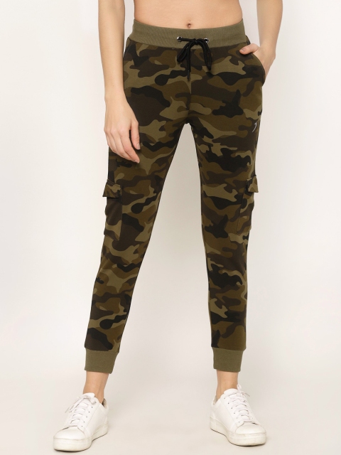 

SAPPER Women Olive Green & Brown Camouflage-Print Slim Fit Joggers