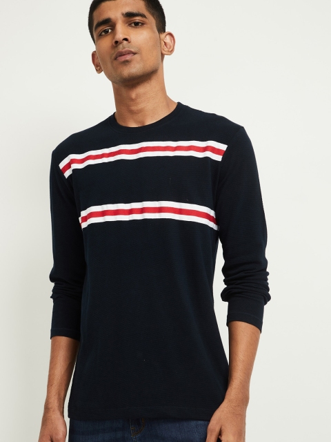 

max Men Navy Blue Striped Round Neck Pure Cotton T-shirt