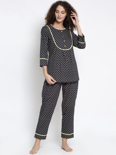 

Aujjessa Women Navy Blue & Yellow Floral Printed Night Suit