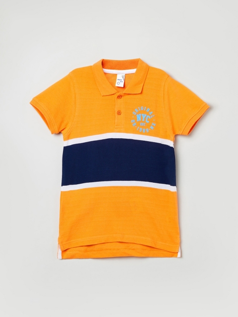 

max Boys Orange & Navy Blue Striped Polo Collar T-shirt