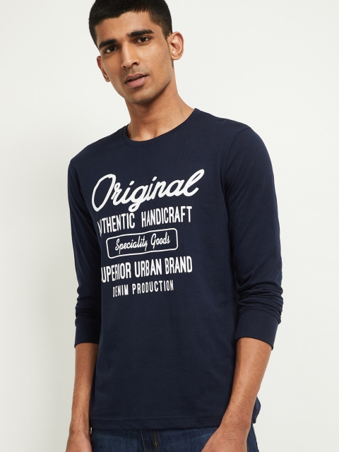 max Men Navy Blue Printed Round Neck Pure Cotton T-shirt