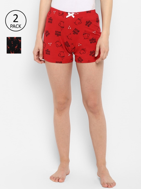 

Curare Women Pack of 2 Red & Black Printed Lounge Shorts