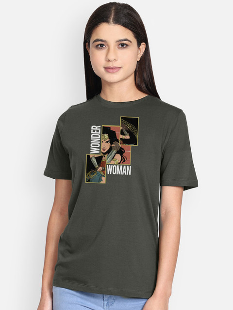 

Free Authority Women Olive Green Wonder Woman Printed Round Neck Pure Cotton T-shirt
