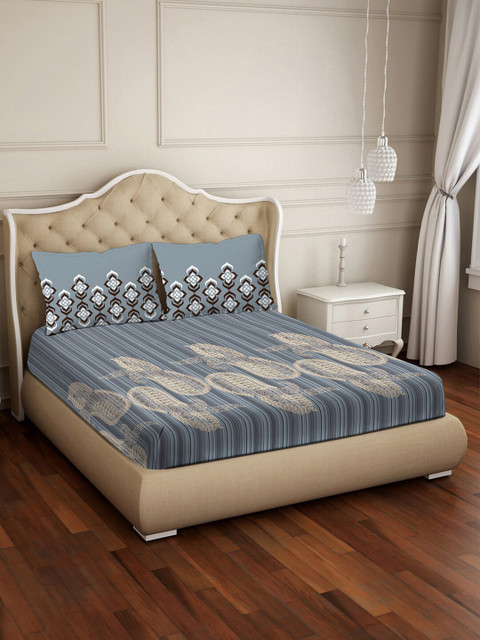 

BELLA CASA Grey & Beige Ethnic Motifs 250 TC Cotton 1 King Bedsheet with 2 Pillow Covers