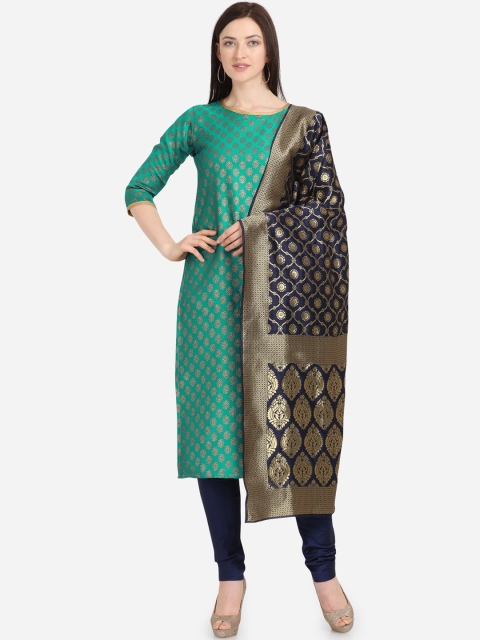 

DIVASTRI Green & Navy Blue Poly Silk Unstitched Dress Material