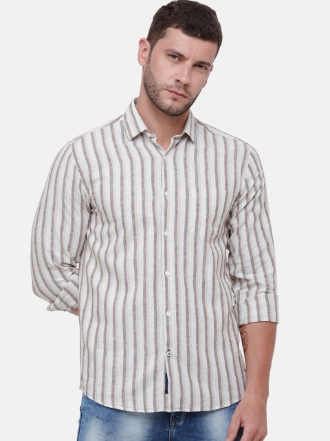 

CAVALLO by Linen Club Men Cotton Linen Brown & White Striped Casual Shirt