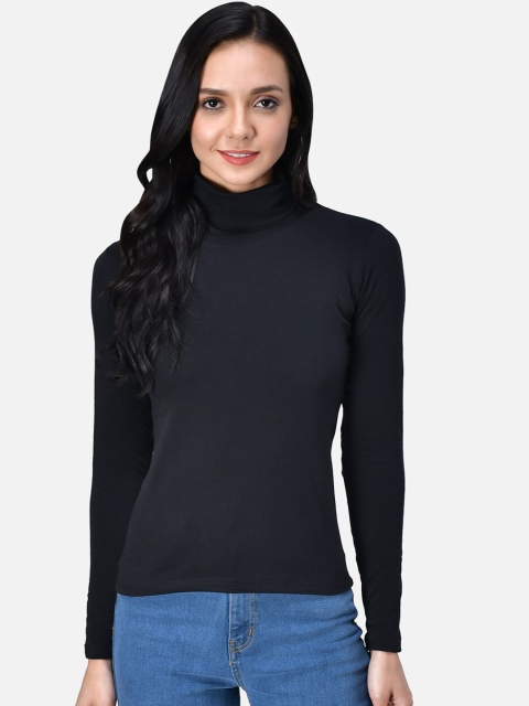 The Dry State Women Black Solid High Neck T-shirt